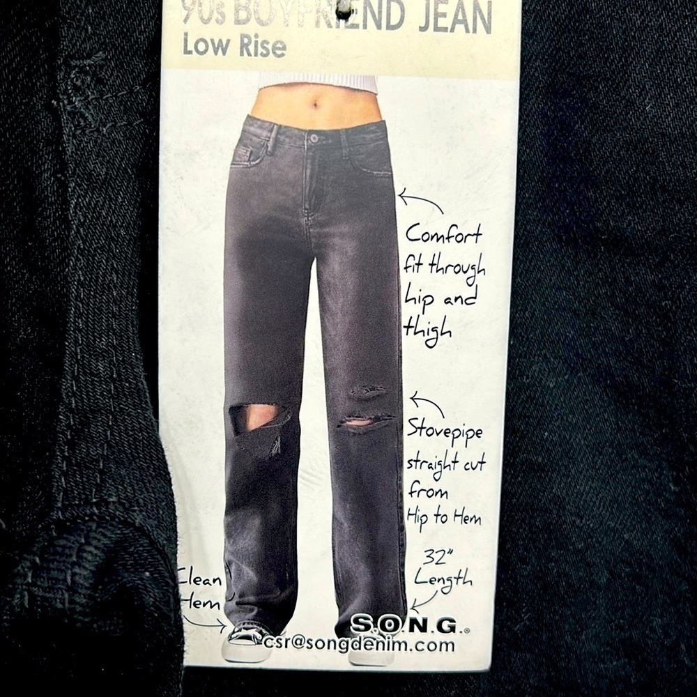 SONG 90s Boyfriend Jeans Low Rise Black Distressed Straight Leg Size 5/27 NWT